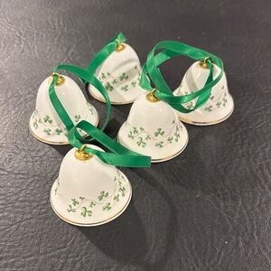 Set of 5 Ceramic Bell Ornaments with Green Ribbon